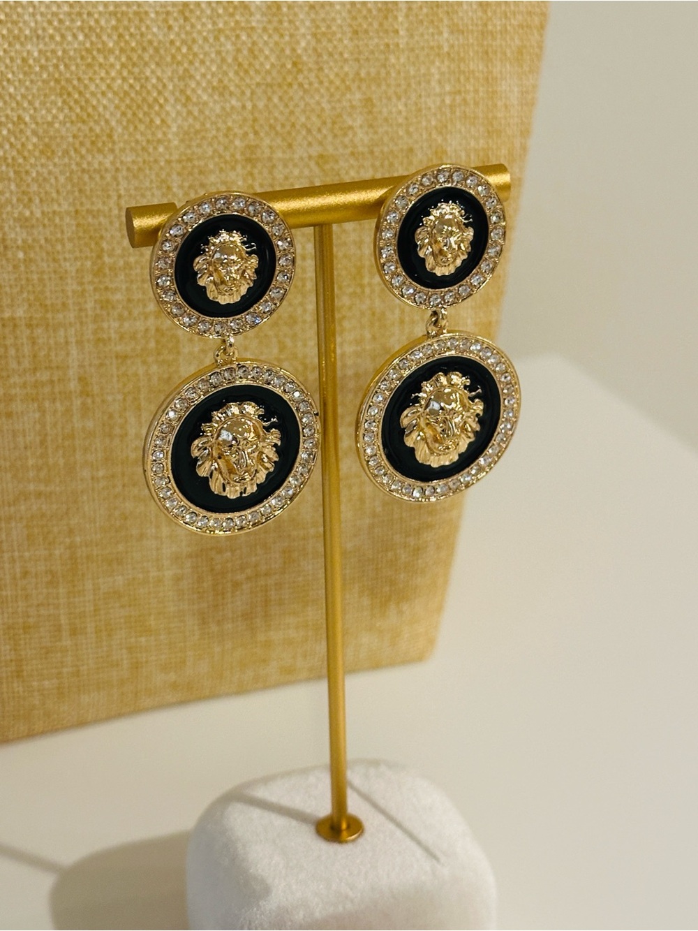 Fashion Jewelry Gold and Black Lion Medallion Drop Earrings